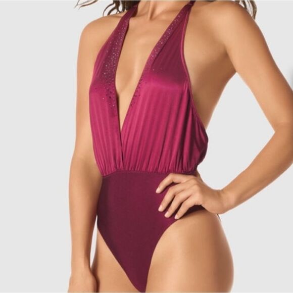 NWT La SENZA Jeweled Plunging Halter Open Back Bodysuit Wine Burgundy US… - Picture 8 of 8